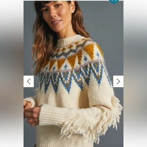 Anthropologie Greylin Fair Isle Glenna Fringed Cream Sweater size m boho